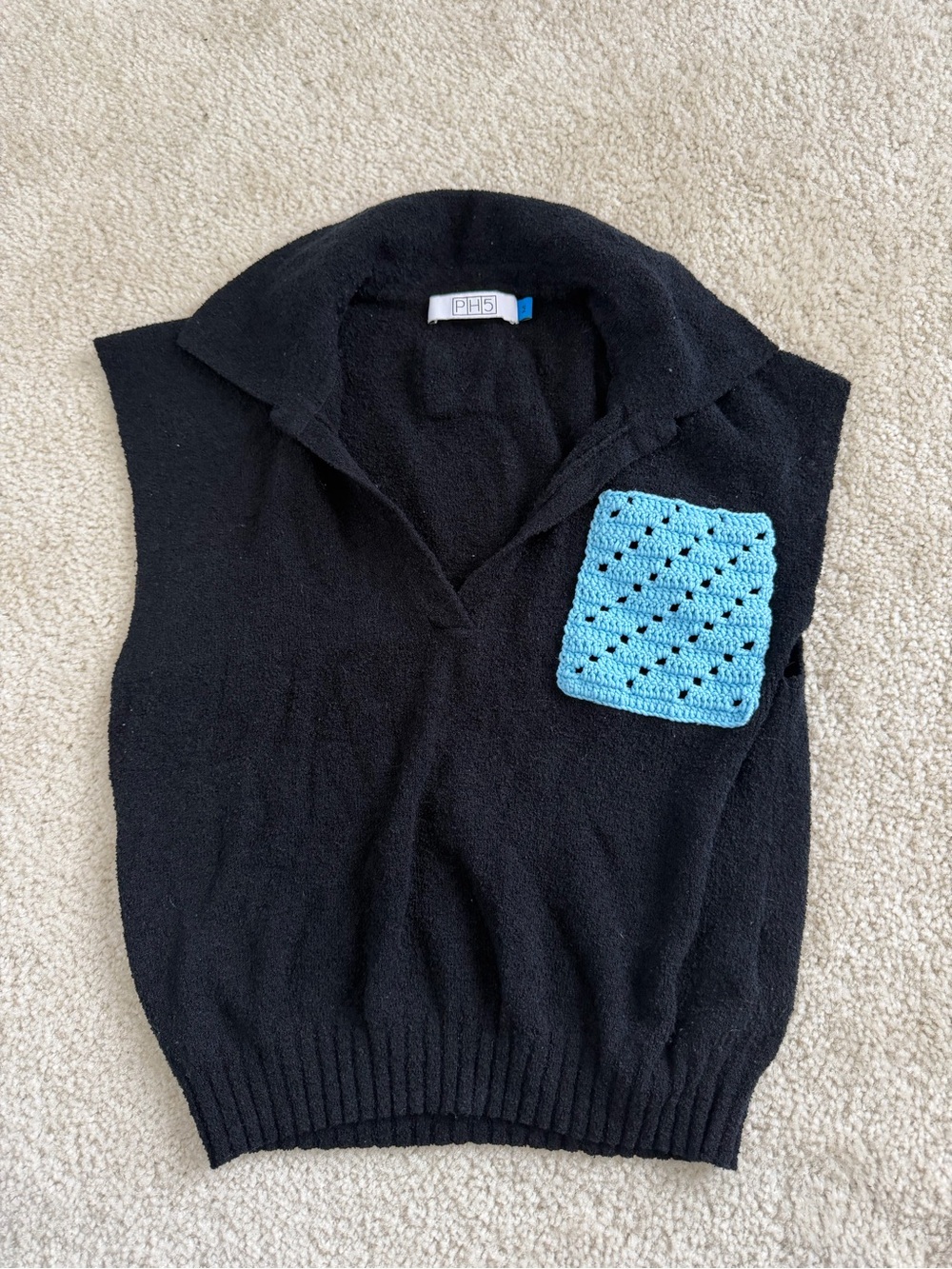 PH5 Black Sleeveless Sweater with Light Blue Crochet Patch Pocket